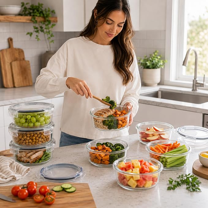 Sorbus Glass Meal Prep Containers Set, 8 Pack Round Borosilicate Glass Containers 32.7oz / 970ml, Airtight Vented Lids, Leakproof, BPA Free, Oven Microwave Freezer Dishwasher Safe, Stackable, 7x3 in