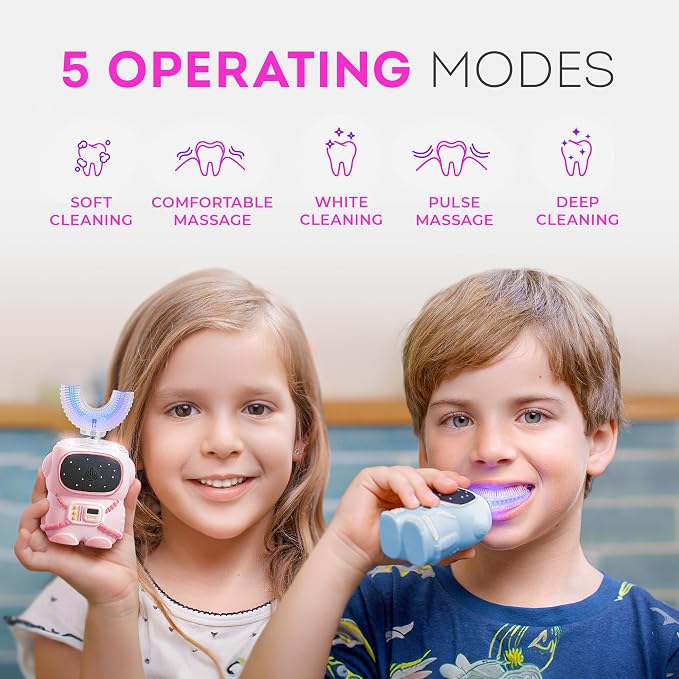 Bendi Kids Electric Toothbrush, U-Shaped Astronaut Design, Ages 2-7, Pink | Sensory-friendly design, 360 whole mouth clean, self-brushing 5 modes, automatic memory, girls 4-6, mouthguard, multi heads