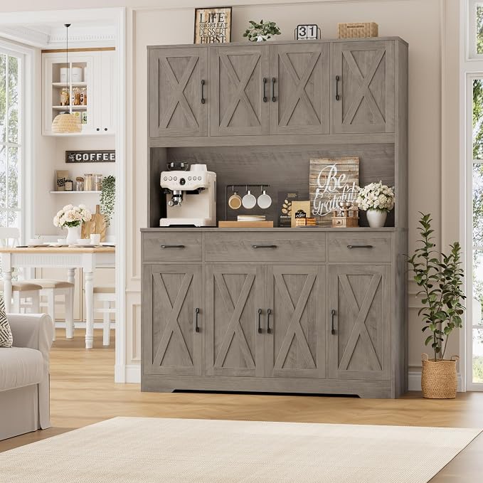 HOSTACK 71" Tall Kitchen Pantry Storage Cabinet, 55" W Kitchen Hutch, Grey | Large Pantry Cabinet with Charging Station / Countertop / 3 Drawers, Farmhouse Hutch Cabinet with Storage for Dining Room