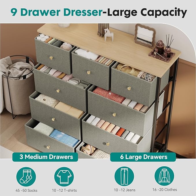 OLIXIS 9 Drawer Storage Dresser with Wood Top - Wide Fabric Chest Organizer for Bedroom, Closet, Living Room,Tower Cabinet, TV Stand, Hallway Entryway Furniture,Dark Green