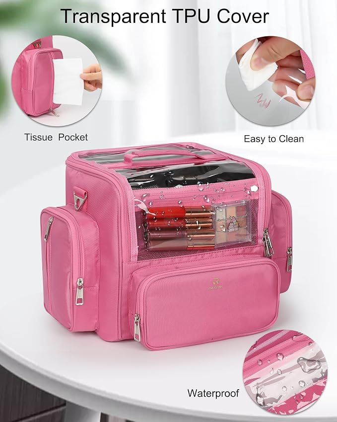 NAONAYA Pink Makeup Brush Bag, Clear Makeup Brush Holder with Lid, Extra Large Capacity Travel Cosmetic Bag Makeup Artist Must Haves,Make Up Organizers and Storage, with Adjustable Dividers
