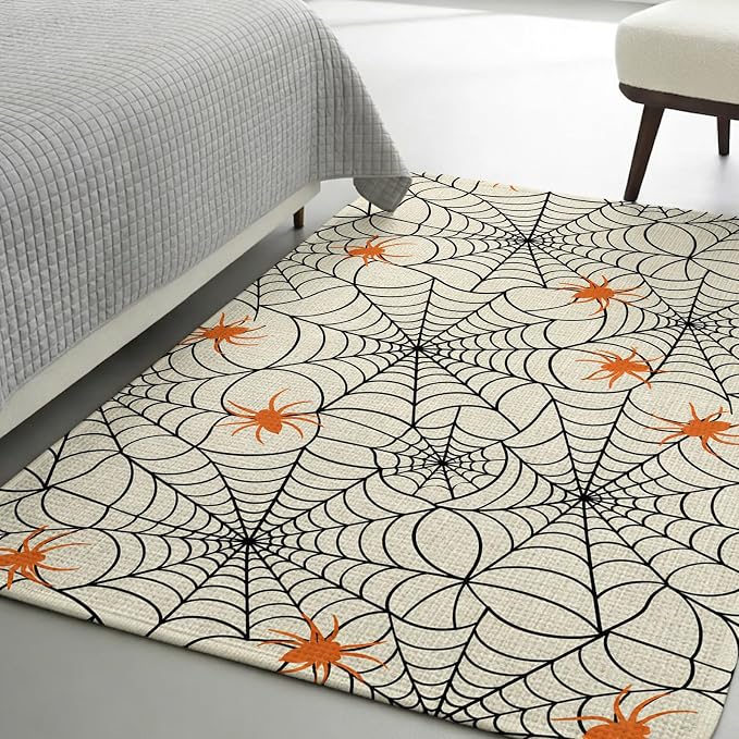 Halloween Washable Area Rugs for Living Room Bedroom, Large Non Slip Indoor Floor Carpet Absorbent Black Net Classic Spiders Gingham Orange Rustic Door Mat Rugs for Bathroom Entryway 63"x78.7"