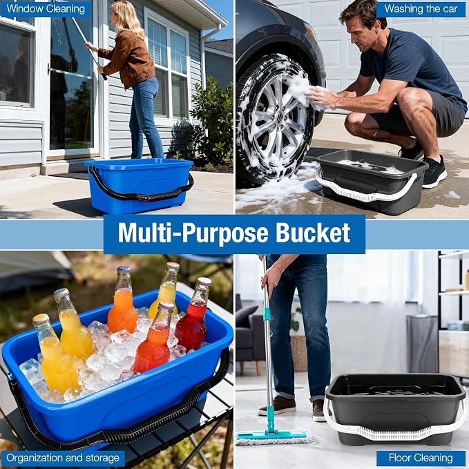 3 Gallon Mop Cleaning Water Bucket with Handle,4 Pack | Compact Square Plastic Bucket for Window Cleaning | Car Washing | Mopping & Household Cleaning Supplies Organizer Wash Bucket