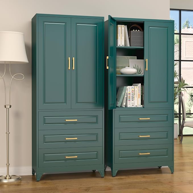 SteeLoong 75" Metal Storage Cabinet with Doors and 2 Adjustable Shelves | Kitchen Pantry Cabinet with 3 Drawers,Green Kitchen Cabinet with 2 Gold Handles,Food Cupboard for Livingroom,Pantry, Bathroom