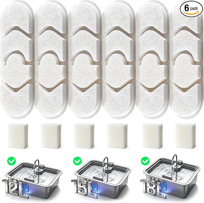 Dog Water Fountain Filter 6-Pack + 6 Sponges, 12L/15L/18L Dog Water Bowl Dispenser, Stainless Steel Pet Water Fountain Filters Set for Dogs Cats