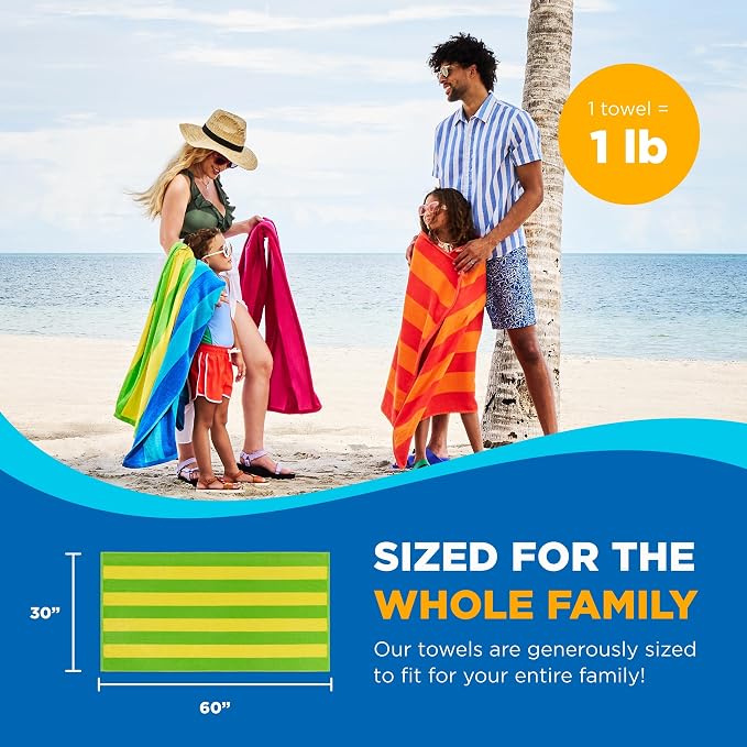 Kaufman - Soft Oversized Beach Towels in Bulk | 30" x 60" Velour Striped Beach Towel | Absorbent, Quick-Drying | 100% Cotton Thick Beach Towels (12-Pack)