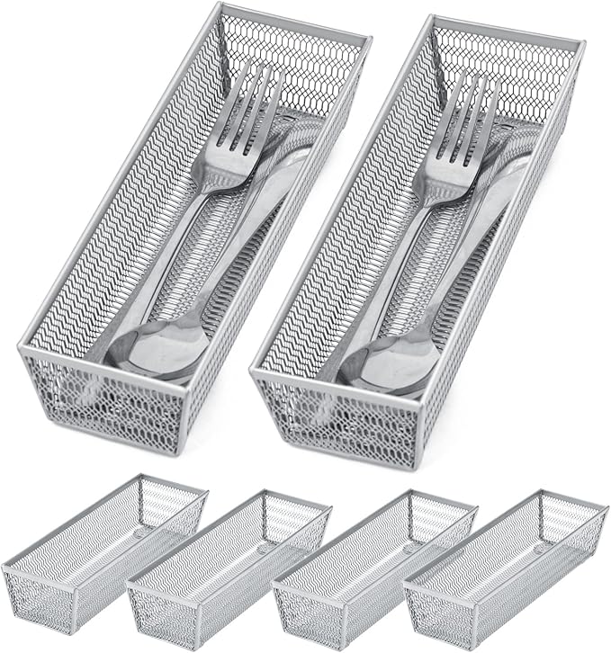 Neudeco Silverware Organizer, Silver, 9 * 3 * 2 inch, Pack 6 | Mesh Drawer Organizer, Metal Utensil Organizer, For Flatware, Knives, Spoons, Cosmetic