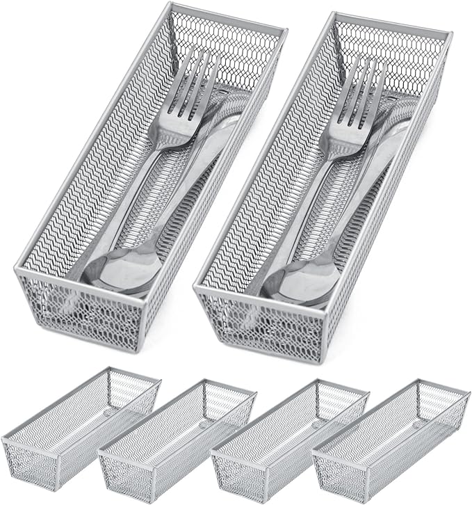 Neudeco Silverware Organizer, Silver, 9 * 3 * 2 inch, Pack 6 | Mesh Drawer Organizer, Metal Utensil Organizer, For Flatware, Knives, Spoons, Cosmetic