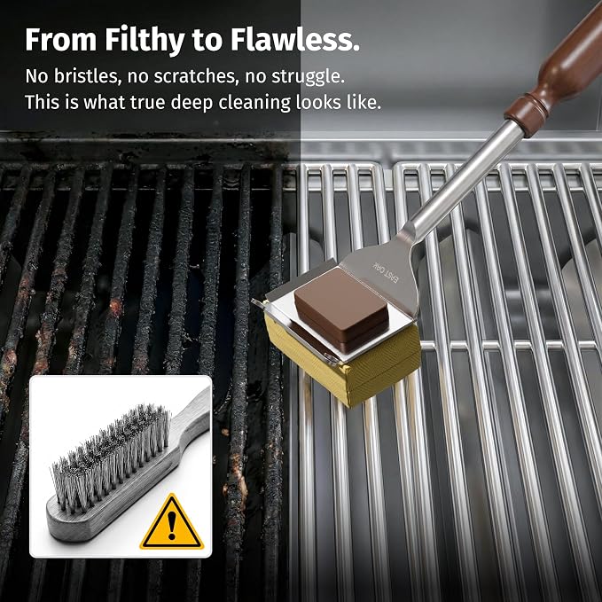 East Oak Bristle-Free Grill Brush, 2mm Thick Stainless Steel Rod, Heat-Resistant Aramid Sponge Head (900°F), Steam Cleaning Brush with Scraper, Safe for Cast Iron & Stainless Steel Grates