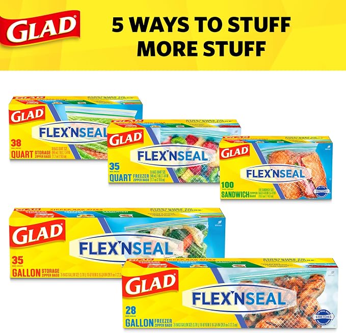 Glad Flex'N Seal Food Storage Plastic Bags, Quart, 38 Count (Package May Vary)
