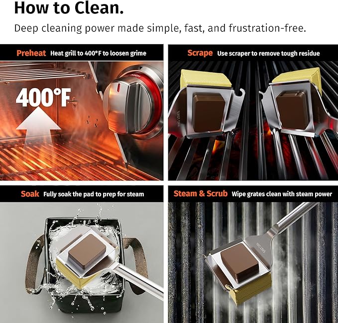 East Oak Bristle-Free Grill Brush, 2mm Thick Stainless Steel Rod, Heat-Resistant Aramid Sponge Head (900°F), Steam Cleaning Brush with Scraper, Safe for Cast Iron & Stainless Steel Grates