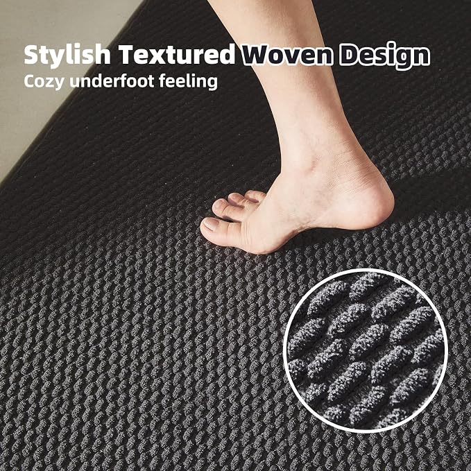 TYUU Black Bathroom Runner Rugs, Long Bath Mat Runner Washable Thin Quick Dry Low Pile Bathroom Runner Rugs Non Slip, Black 16''x60''