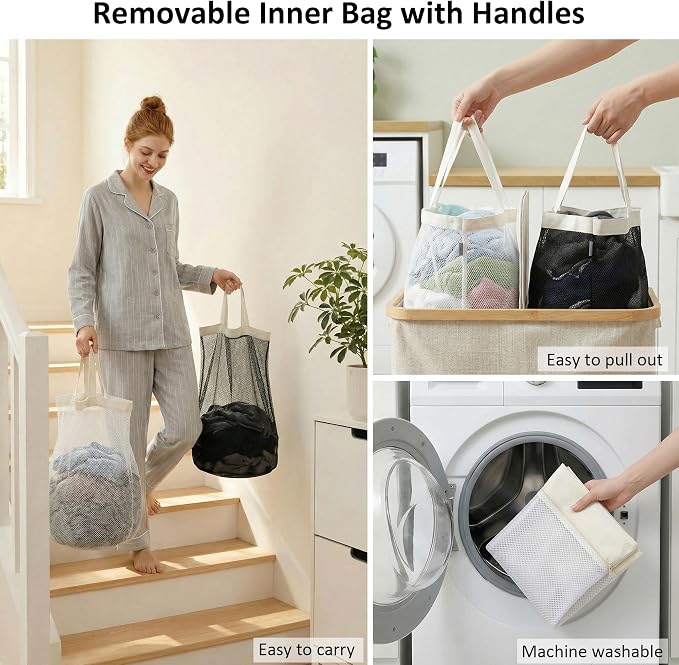 efluky Laundry Hamper with Lid, Double Laundry Basket with 2 Removable Bags, 2 Section Laundry Bin with Bamboo Handles for Bathroom, Bedroom & Laundry Room, 140L (36.9 Gallon) Beige