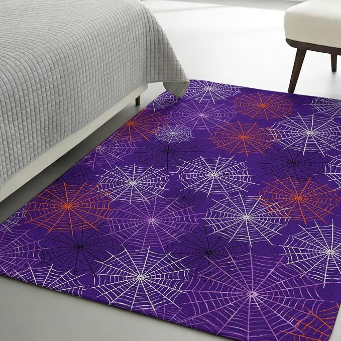 Purple Halloween Washable Area Rugs for Living Room Bedroom, Large Non Slip Indoor Floor Carpet Absorbent Low Pile Red Black White Net Halloween Door Mat Rugs for Bathroom Entryway 63"x90.6"