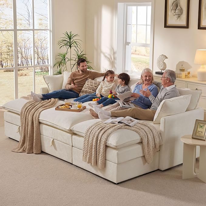 Ihanherry Oversized Sectional Sofa Bed with Storage, 103" 6-Seater Modular Cloud Couch with Movable Ottomans, Chenille Deep Seat Sleeper Couches for Living Room (Beige)