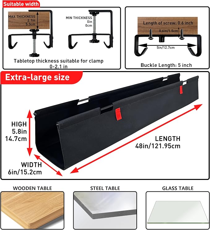 Under Desk Cable Management No Drill – 48" L x 6" W Cord Organizer, Upgraded Silicone Pads (No Scratch), 16 Cable Slots, Washable PE Honeycomb Base, Fits Desks 0–2.1" Thick, Black