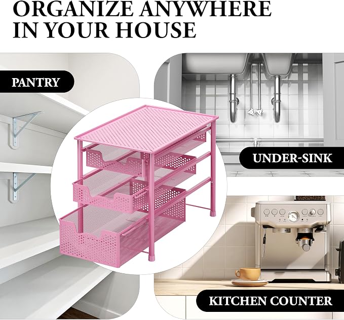 Simple Houseware Stackable 3 Tier Sliding Basket Organizer Drawer, Pink