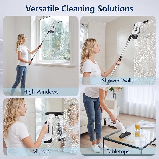 Window Vacuum Squeegee with Extendable Pole 31-40", 2000Pa Electric Window Cleaning Tool with 2200mAh and 150ml Dirty Water Tank, Long Handle Squeegee for Shower Glass, Window Cleaning