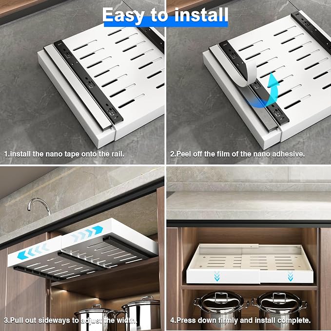 Mustorn 2 Pack Pull Out Cabinet Organizer, Expandable Slide Out Drawers for Kitchen Cabinets Peel and Stick Pullout Drawer Heavy Duty Sliding Shelves for Cupboard, Pantry, Bathroom(16.5" Deep, White)