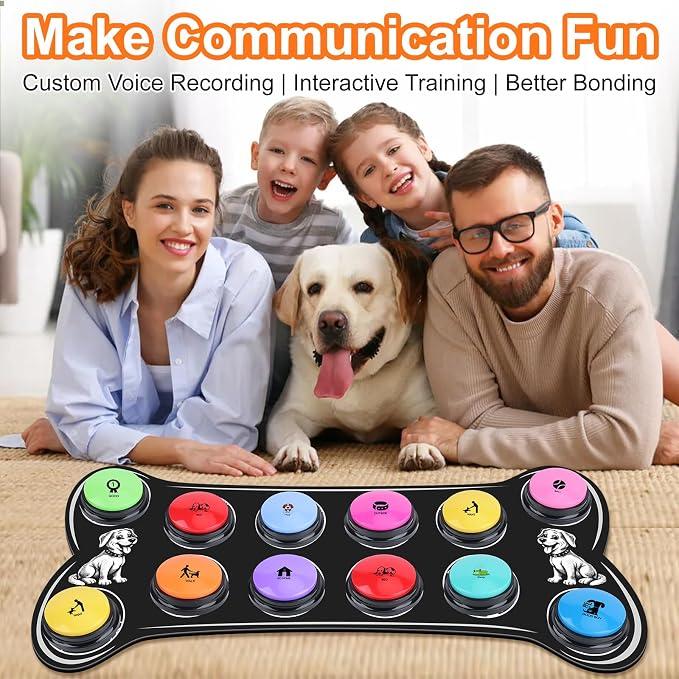 Dog Buttons for Communication,12 Pcs Talking Button Set with 30s Recordable Voice Pet Training Buzzers with Mat & 2 Stickers, Talking Buttons for Dogs & Cats (Batteries Not Included)