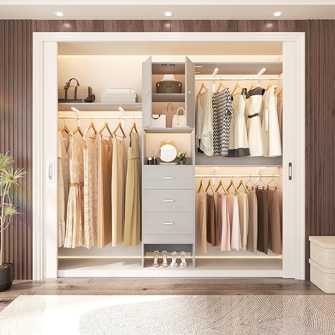 Armocity 96 Inches Closet System with Doors, 8FT Walk In Closet Organizer with 2 Shelving Towers, Heavy Duty Clothes Garment Rack with 3 Wood Drawers, 96"L x 16"W x 80"H, Max Load 1000 LBS, Grey