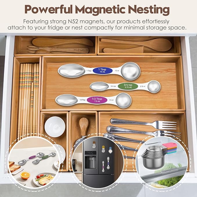 Magnetic Measuring Cups and Spoons Set – 304 Stainless Steel | Dual-sided Design | 15-Piece with Leveler | N52 Space-Saving Magnetic Nesting | Baking & Meal Prep | Kitchen Gift (Colorful)