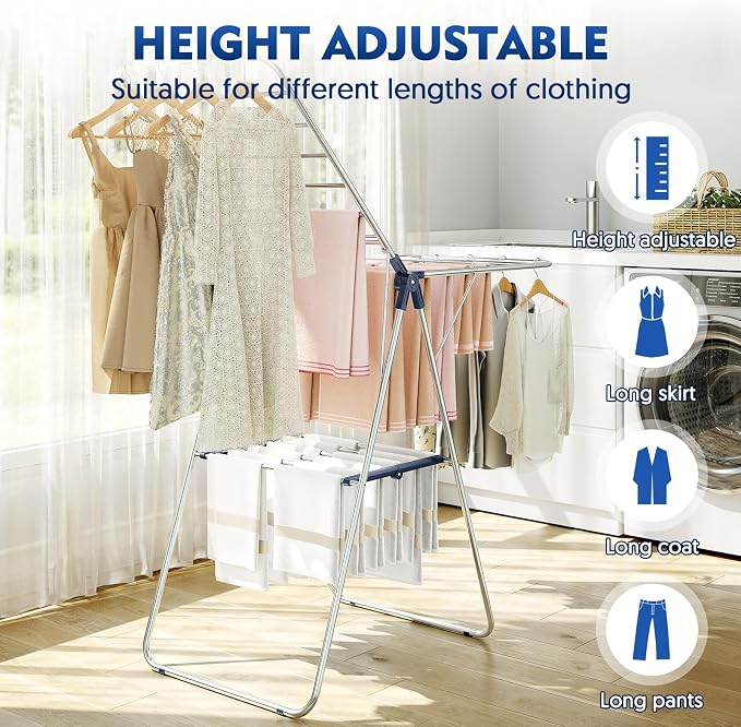 APEXCHASER Stainless Steel Clothes Drying Rack, Drying Rack Clothing with Height-Adjustable, Foldable Gullwings Laundry Drying Rack, Indoor Outdoor Use, No Assembly