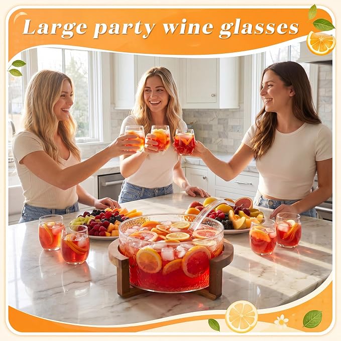 1.2 Gallon Glass Punch Bowl Set with Ladle, Hammered Glass | Acacia Wood Base, Textured Glass Finish, Elegant Centerpiece, Ideal for Holiday, Wedding, Parties & Gatherings