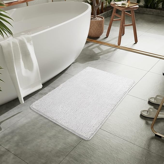 LOCHAS Luxury Bathroom Rug Shaggy Bath Mat 24 x 17 Inch, White | Washable Non Slip Bath Rugs for Bathroom Shower, Soft Plush Chenille Absorbent Carpets