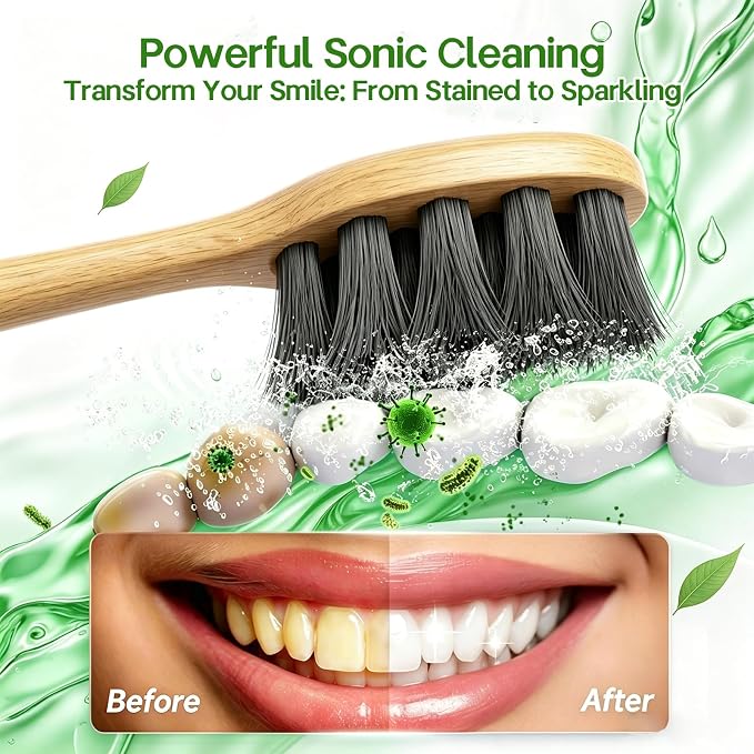 Natural Bamboo Electric Toothbrush for Adults | 4 Pack Bamboo Replacement Brush Heads, 5 Cleaning Modes, Long-Lasting Battery, PX7 Waterproof, Rechargeable