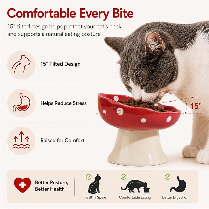 Purple Mushroom Cat Bowl, Elevated Ceramic Bowl for Cats | Elevated, Ceramic, Whisker Friendly, Wide Opening, Dishwasher Safe,durable