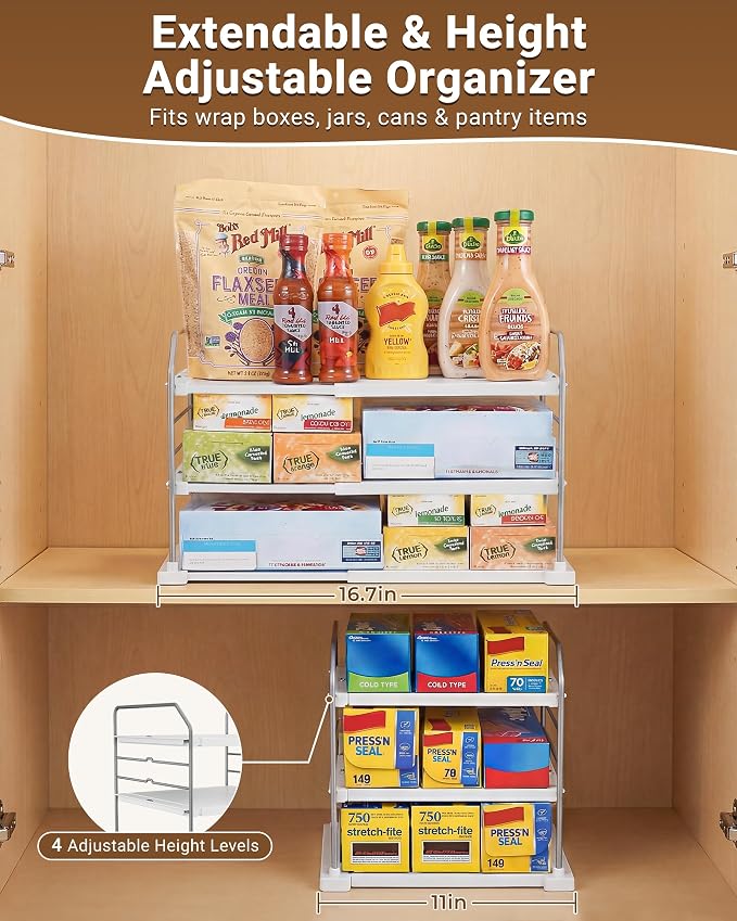 EVERIE Extendable 3-Tier Kitchen Cabinet & Pantry Organizer for Plastic Wrap, Foil & Storage Bags, Adjustable Heavy Duty Shelf Rack for Wrap Boxes, Jars & Snack Boxes (11–16.7 in Wide), Pack of 2