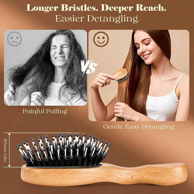 Mini Boar Bristle Hair Brush Since 1965 British Craftsmanship Handmade | Natural Wooden Small Hairbrush, Gentle Detangling Women Men Kids Curly Thick Fine Frizzy Hair, Smoothing Styling Brush