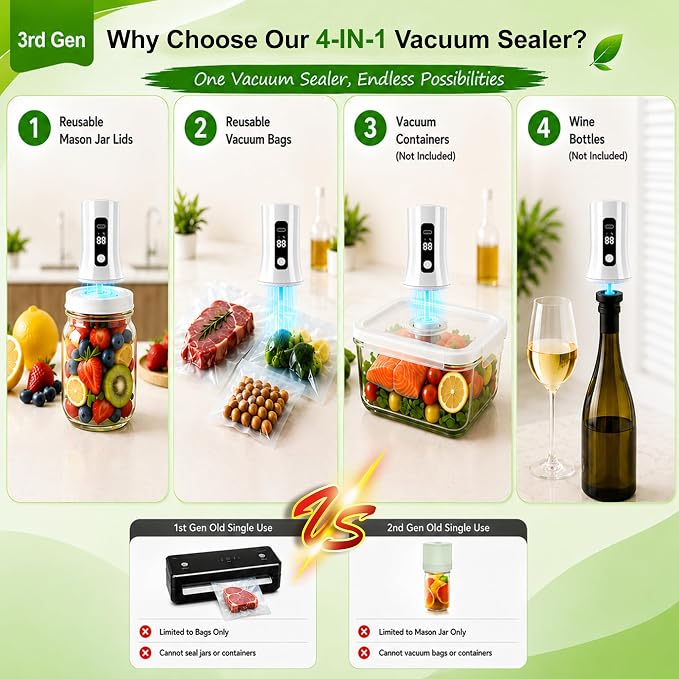 4-in-1 Handheld Vacuum Sealer for Food with Reusable Canning Lids | Rechargeable Portable Vacuum Sealer, Multi-use for Canning Lids, Vacuum Bags, Storage Containers & Wine Preservation