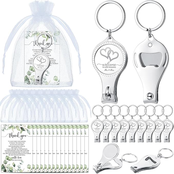 Fulmoon Wedding Multi Function Bottle Opener Nail Clipper Wedding Favors Brewery Cards White Organza Bags for Party Supplies Gift Souvenir Guests Men Women(50 Sets)