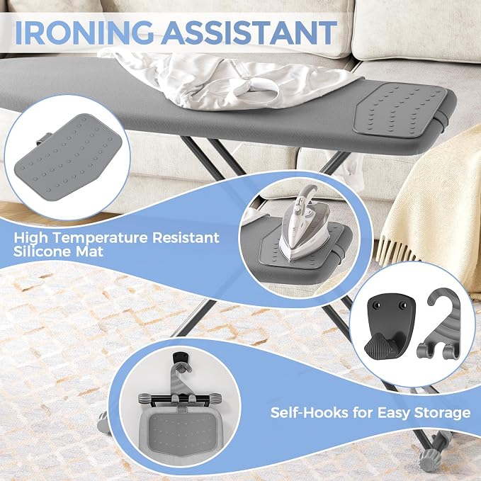 APEXCHASER Ironing Board, Compact Iron Board with Silicon Mat, Foldable Ironing Board with Heat Resistant Cover, 7 Height Adjustable, Space Saver Iron Board,13x43 Solid Grey