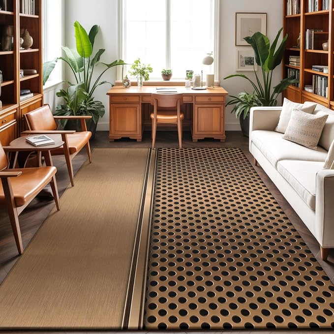 Large Area Rug 8'x10', Brown Metal Hole Washable Rectangular Area Rugs for Bedroom Living Room Office, Modern Copper Net Eye Hole Pattern Non Slip Kitchen Rug Mats Indoor Floor Accent Throw Carpet