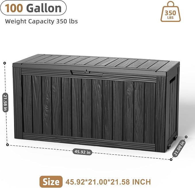 DRATO 100 Gallon Deck Boxes Outdoor Waterproof Storage Box with Wheels | Lockable Weatherproof Resin Outside Patio Storage Box for Backyard Furniture Pool Supplies Garden Tools, Black