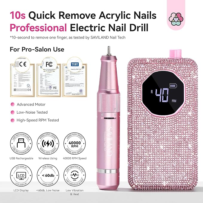 SAVILAND Professional Nail Drill 40000 RPM: Portable Electric Nail Drill Kit File Machine with Ceramic Nail Bit Sanding Bands for Quick Acrylic Removal Manicure Salon Home Use, Pink Diamond