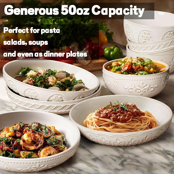Artena Pasta Bowls, 50oz Large Salad Serving Bowls, 9.75'' Plates Bowls Set of 4, Big White Ceramic Soup Bowls for Kitchen, Embossment Shallow Dinner Bowl, Microwave Dishwasher Safe, Willow Leaf