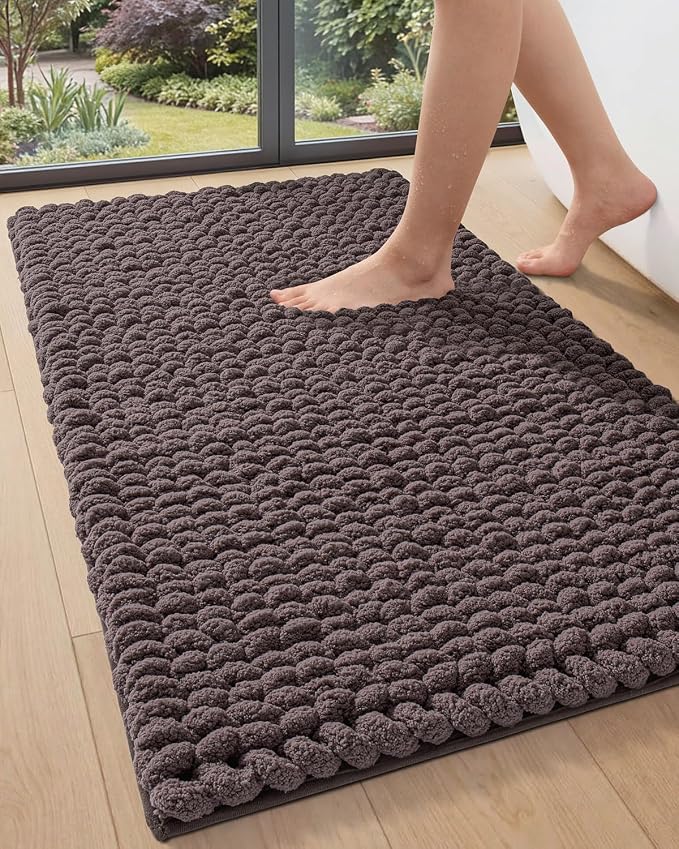 DEXI Bathroom Rugs 43x24, Non Slip Washable Bath Mat, Luxury Chenille Super Absorbent Ultra Thick Bathmats for Shower Floor, Plush Fluffy Shaggy Carpet for Tub, Purplish Grey