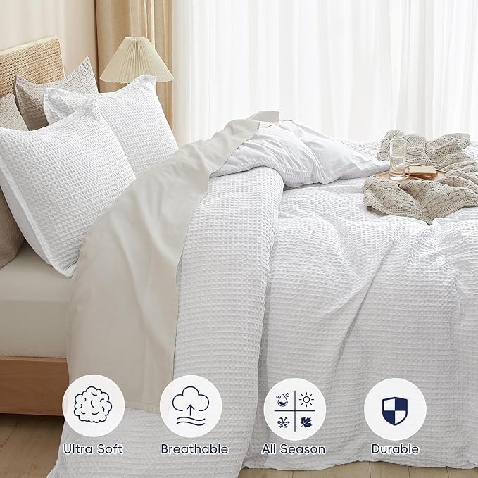 PHF Waffle Weave Duvet Cover Set California King, No Snagging Ultra Soft Luxury Textured Breathable Comforter Cover for All Season 3pcs, Durable Bedding Duvet Set with 2 Pillow Shams, 104"x98", White