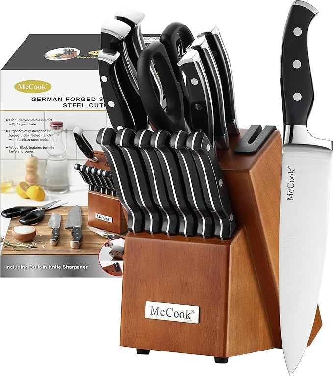 McCook Kitchen Knife Set 15PC Knife Block Set w Built-in Sharpener | German Forged Stainless Steel,Razor Sharp,Non-Stick&Anti-Rust,Triple Rivet,Ergonomic Handles,Full Tang,Gift Box