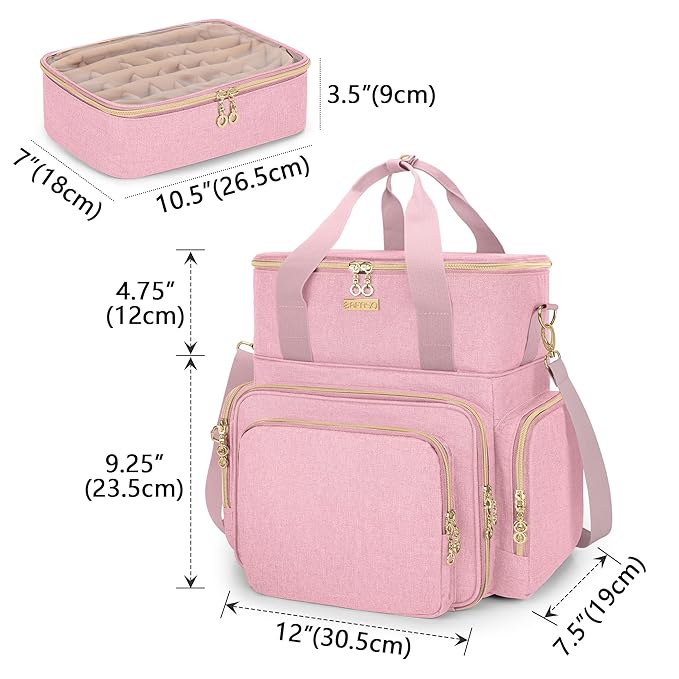 BAFASO Double Layer Nail Polish Organizer Holds 70 Bottles (15ml - 0.5 fl.oz) and a Nail Dryer, Nail Polish Case with 2 Removable Pouches and Tools Storage Sections (Patented), Pink