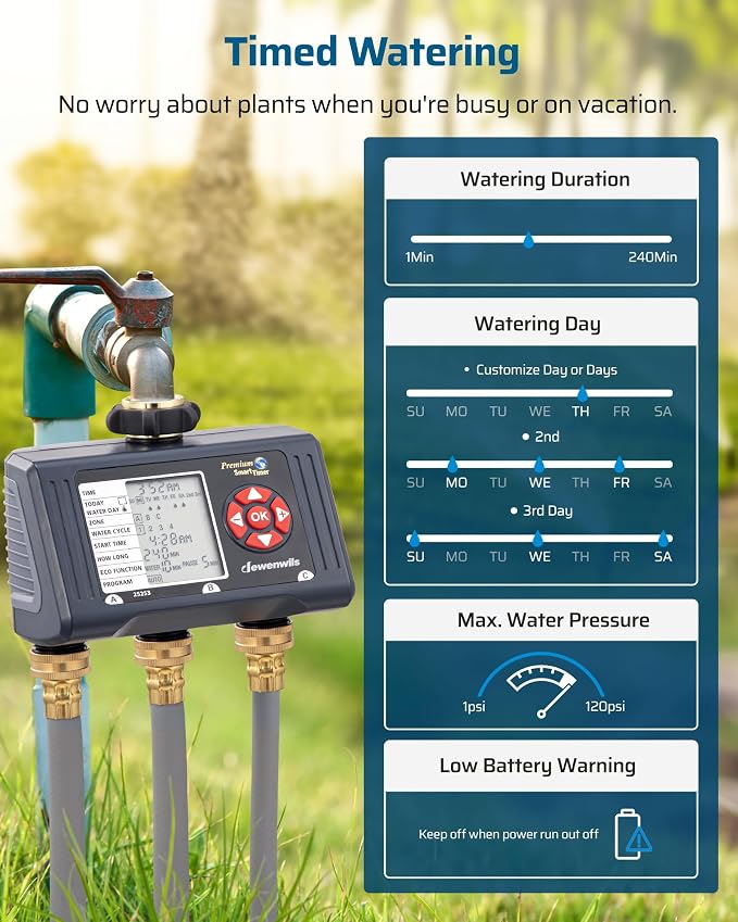DEWENWILS Sprinkler Timer 3 Zone, Water Hose Garden Irrigation Timer with 4 Programmable Procedure and Low Battery Warning, Repeat Watering over Period, Faucet Controller with Rain Delay Mode for Lawn