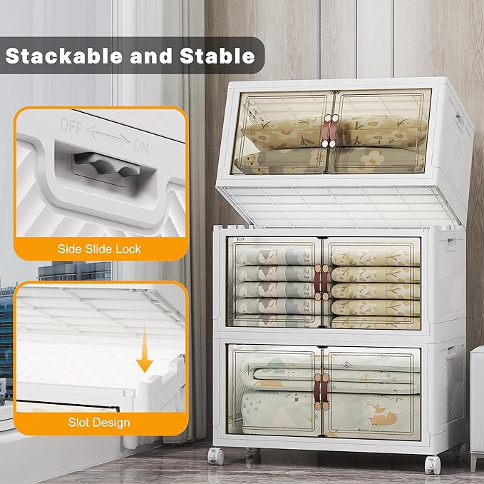 Stackable Storage Bins, 1050QT Collapsible Drawers with 2 Lids | Large Capacity, Magnetic Door, Stack Lock, Rolling Wheels, Foldable Design, Organizers and Storage for Bedroom Dorm Garage