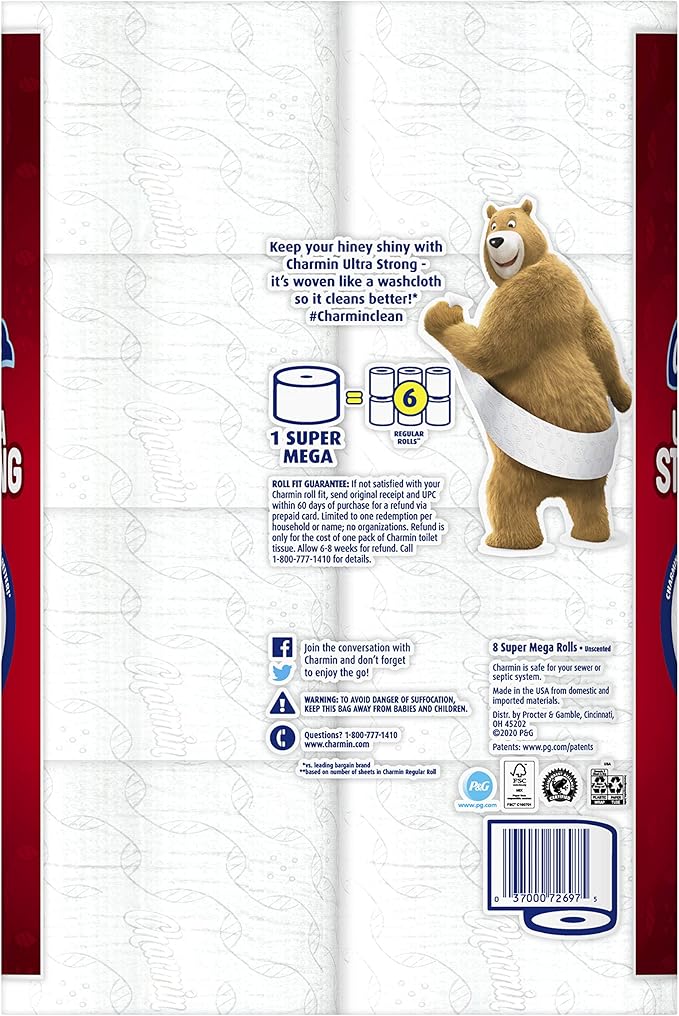 Charmin Ultra Strong 2-Ply Toilet Paper Mega Rolls, 4" x 4", White, 242 Sheets Per Roll, Pack of 8 Rolls