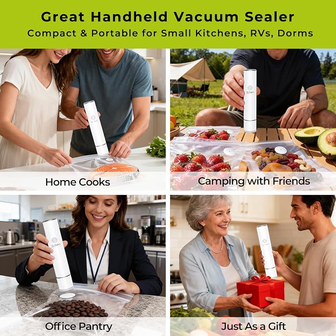 Handheld Vacuum Sealer for Food with 20 Reusable Vacuum Bags | 65kpa Compact Portable Pump, USB-C Rechargeable, One-Touch Auto Stop, Food Storage, Meal Prep, Freezer And Sous Vide
