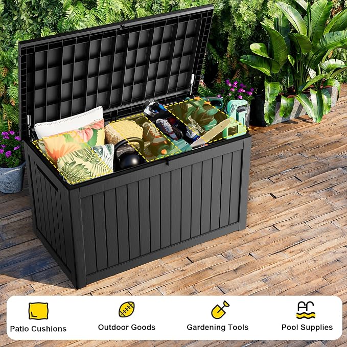 DRATO 280 Gallon Deck Boxes Outdoor Waterproof, Lockable Outdoor Storage Box for Patio Furniture Pool Supplies Garden Tools, Weatherproof Resin Storage Box for Backyard (Black, 280 Gallon)