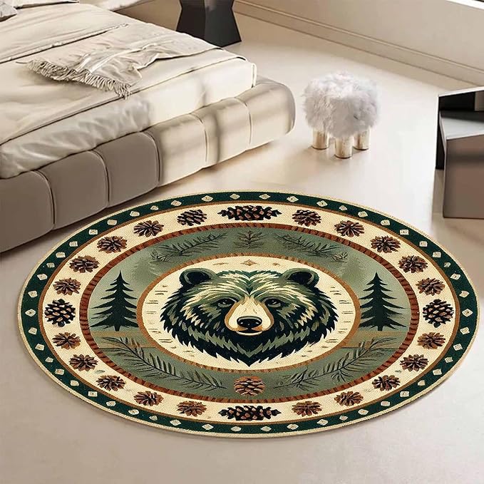 Village Native Cabin Bear Round Rugs 3ft for Entrance Kitchen Non-Slip Abstract Pine Cone Bordered Carpet Home Decor Low Pile Bear Circular Rug